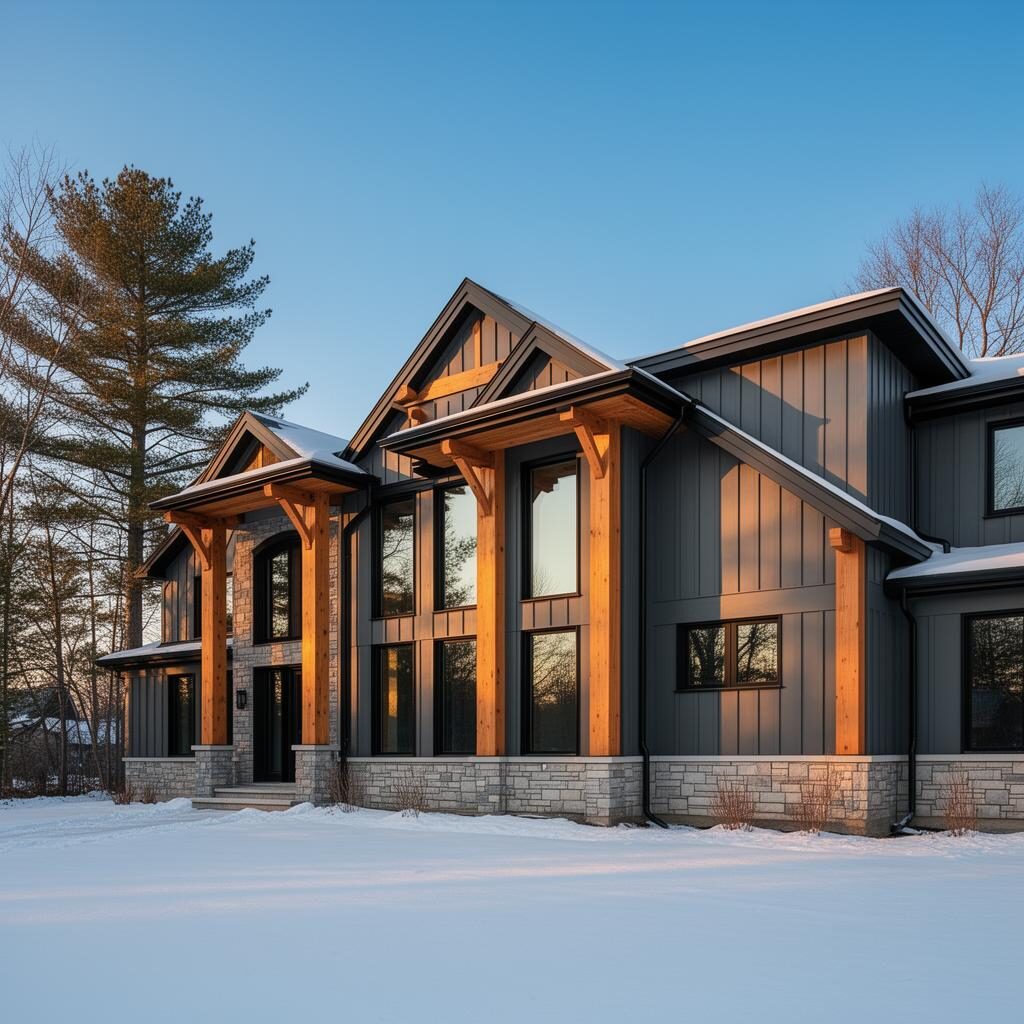 Modern Nepean estate with charcoal siding, cedar trim and custom garage door